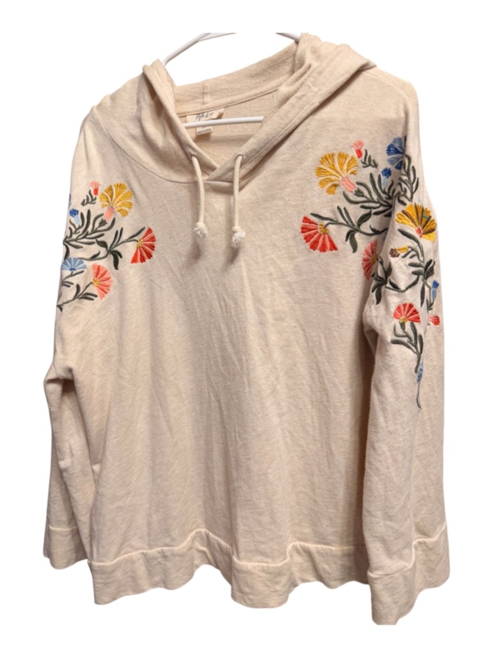 Style & Co. Cream Hooded Pullover with Multicolor Floral Embroidery